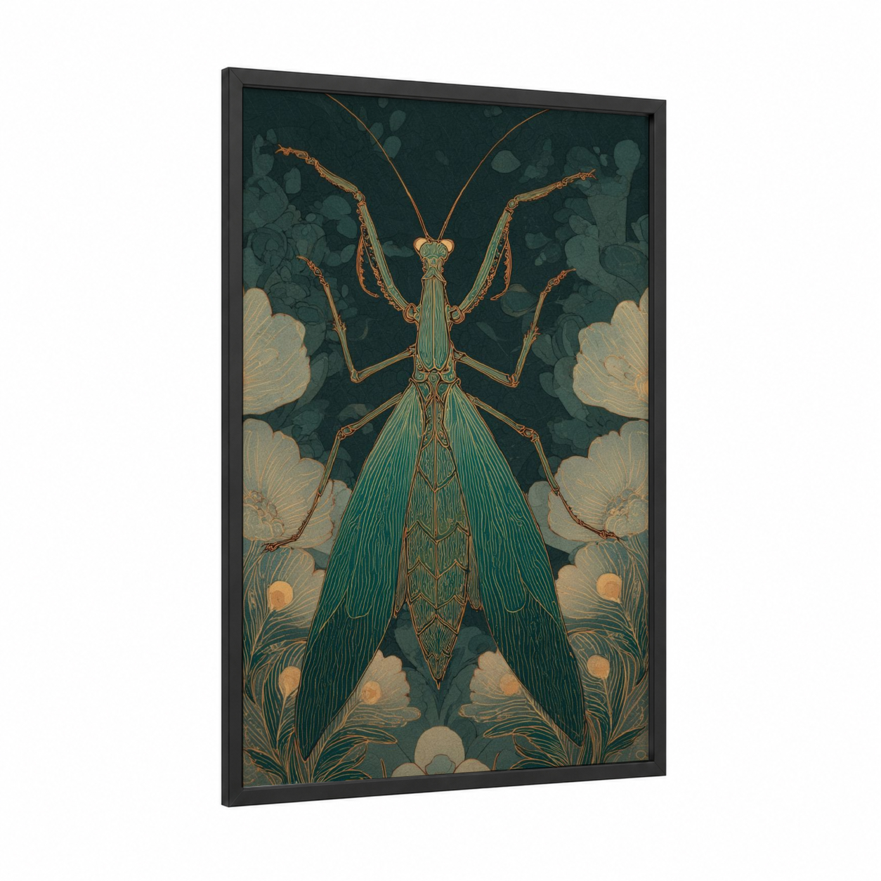 Emerald Mantis framed prayin mantis print — black wood frame — dark green and gold and white palette
