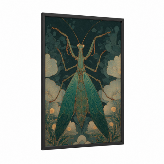 Emerald Mantis framed prayin mantis print — black wood frame — dark green and gold and white palette