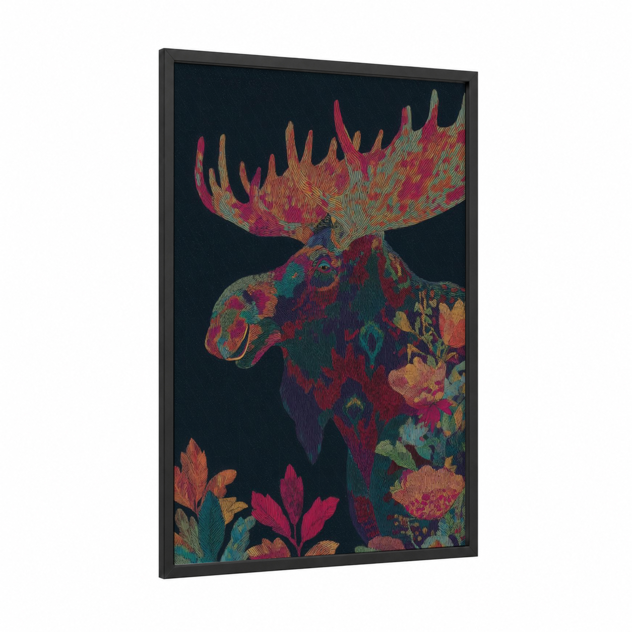 Floral Moose Portrait framed art print — black wood frame — magenta and gold palette