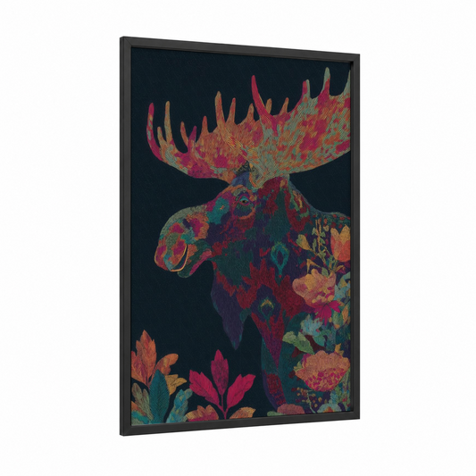 Floral Moose Portrait framed art print — black wood frame — magenta and gold palette