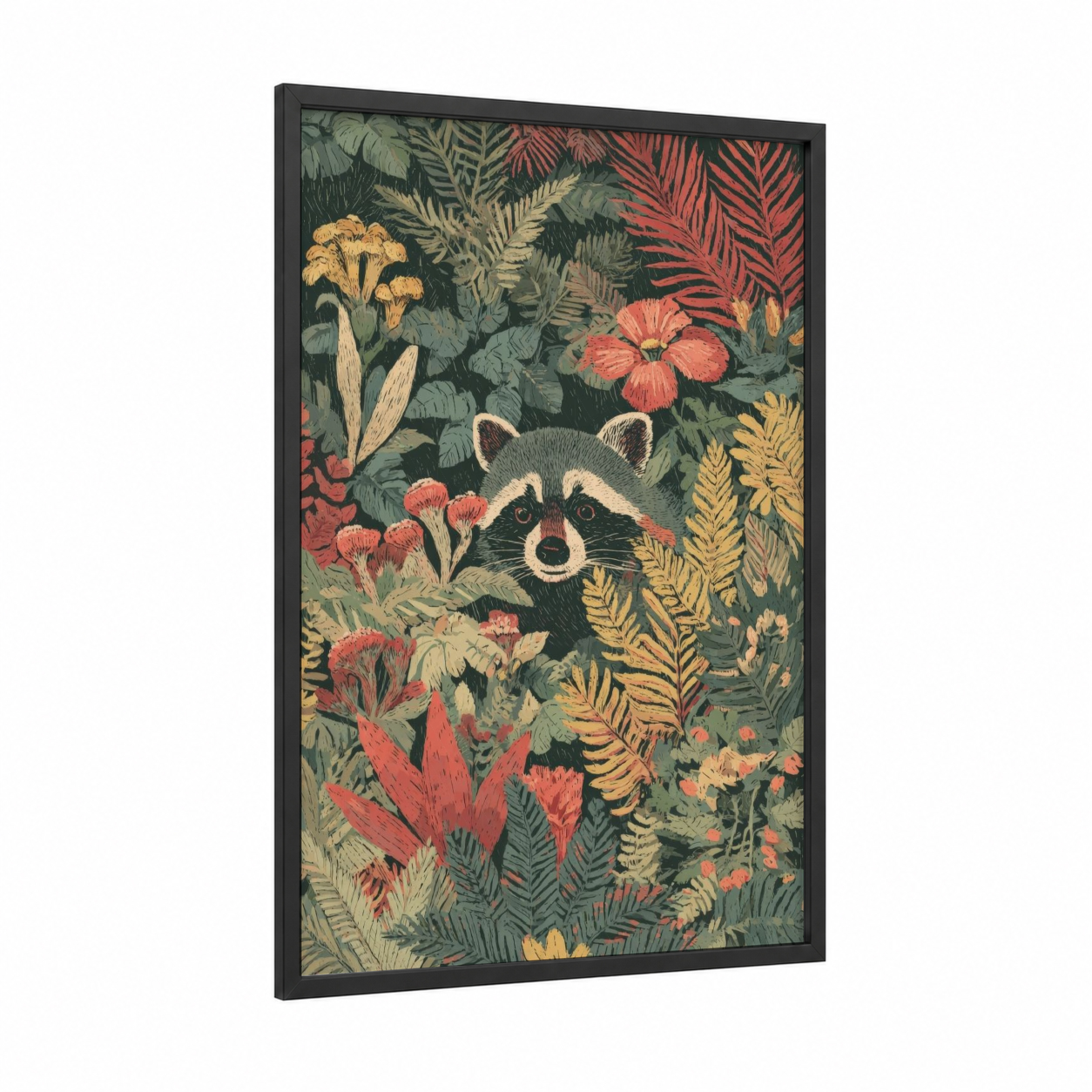 Garden Raccoon framed art print — black wood frame — dark green and salmon pink palette