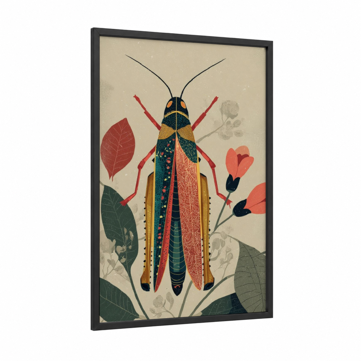 Ornate Grasshopper framed art print — black wood frame — gold and teal palette