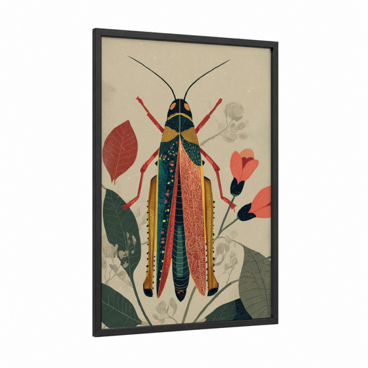 Ornate Grasshopper framed art print — black wood frame — gold and teal palette
