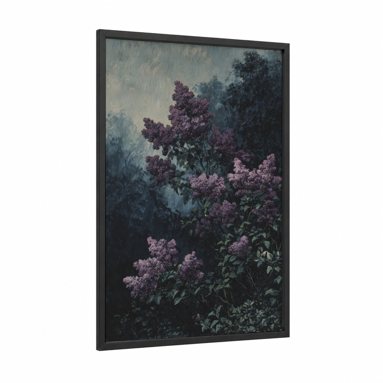 Moody Lilac framed art print — black wood frame — gray and magenta palette