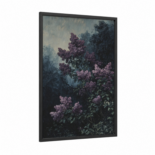 Moody Lilac framed art print — black wood frame — gray and magenta palette