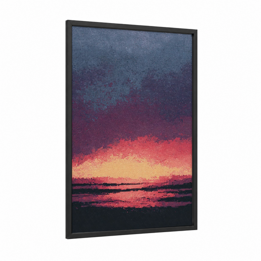 Sunset Beadwork framed art print — black wood frame — yellow gold and red palette