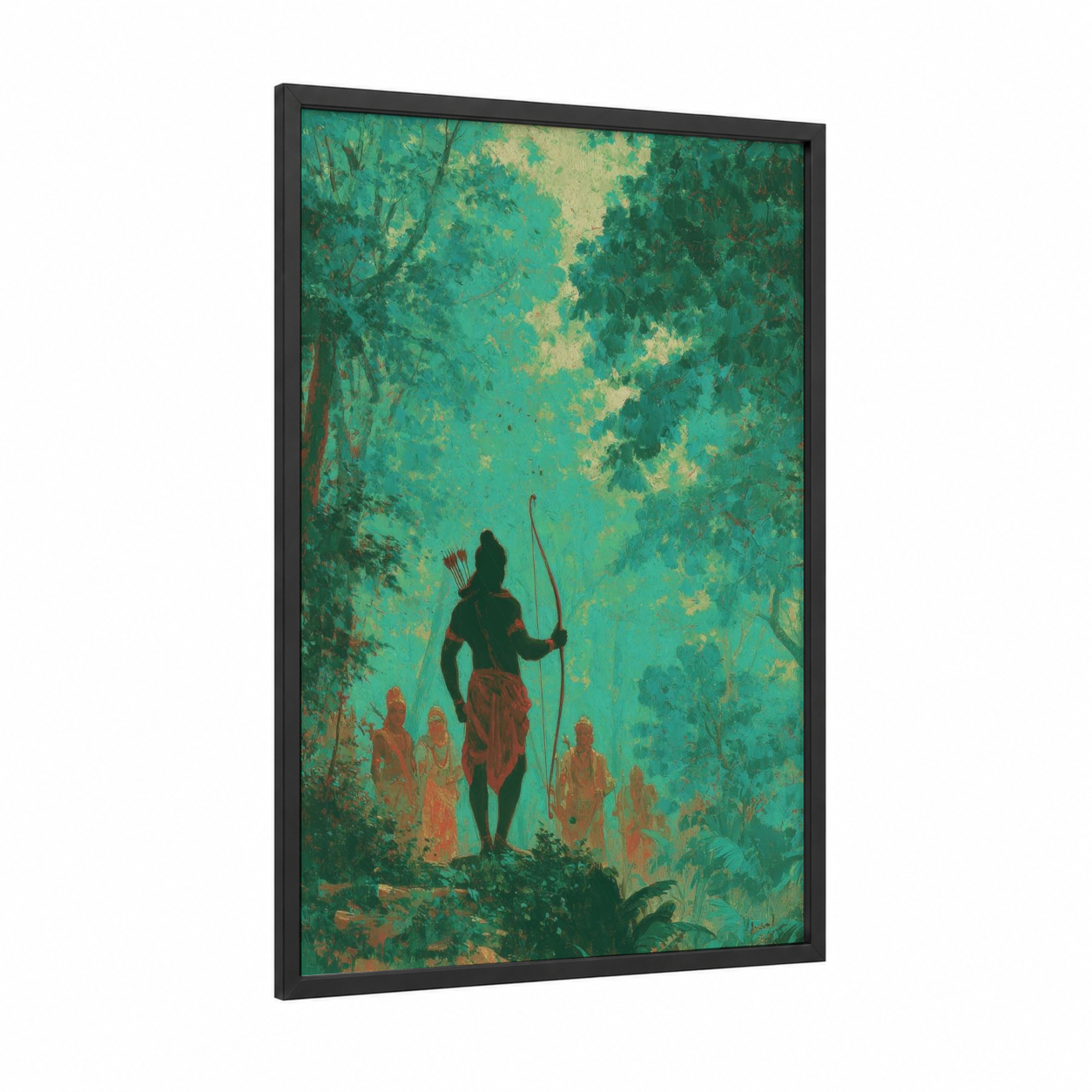 Forest Archer framed hinduism print — black wood frame — teal and gold palette