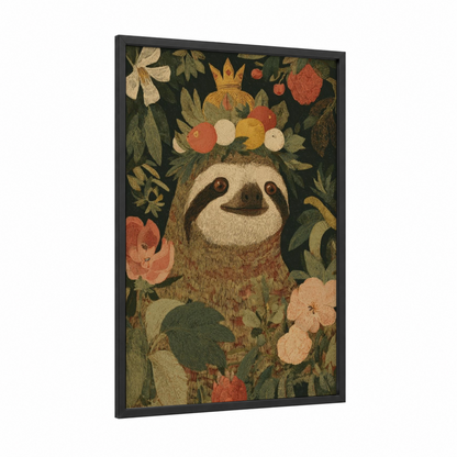 Whimsical Sloth framed art print — black wood frame — dark green and peach palette