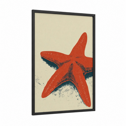 Crimson Starfish framed art print — black wood frame — red and black and white palette