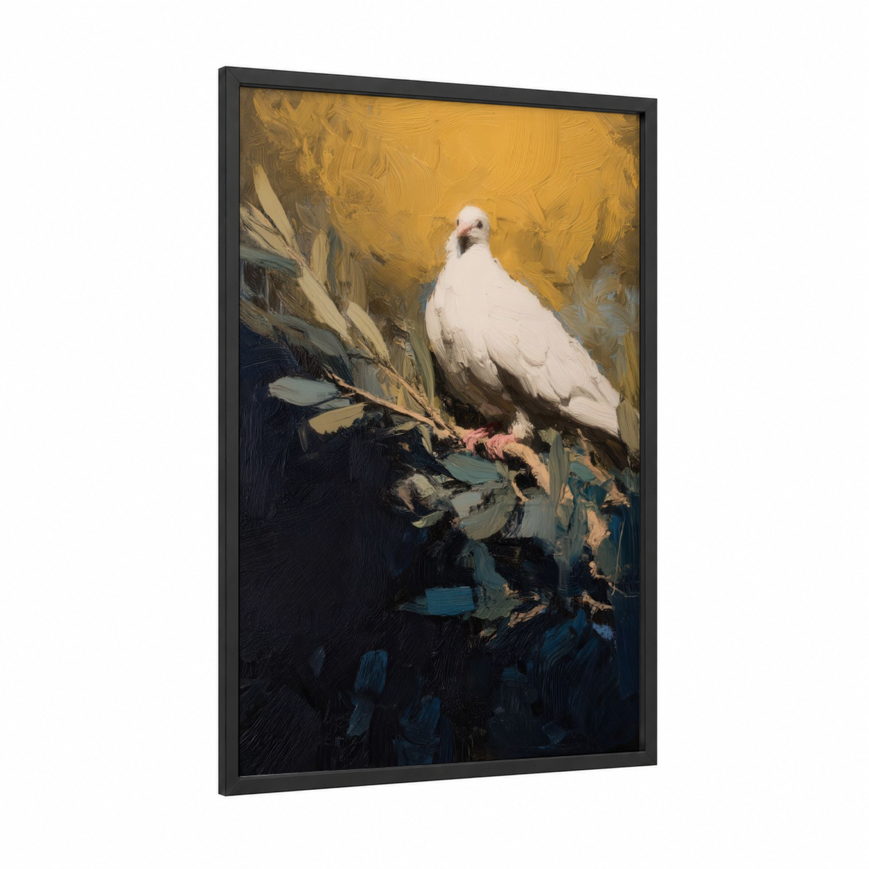 Golden Dove Perch framed art print — black wood frame — gold and blue and white palette