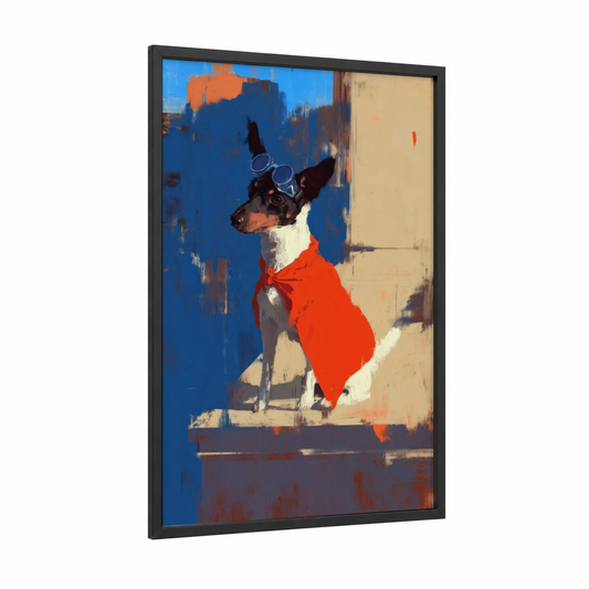 Steampunk Terrier framed art print — black wood frame — blue and red palette