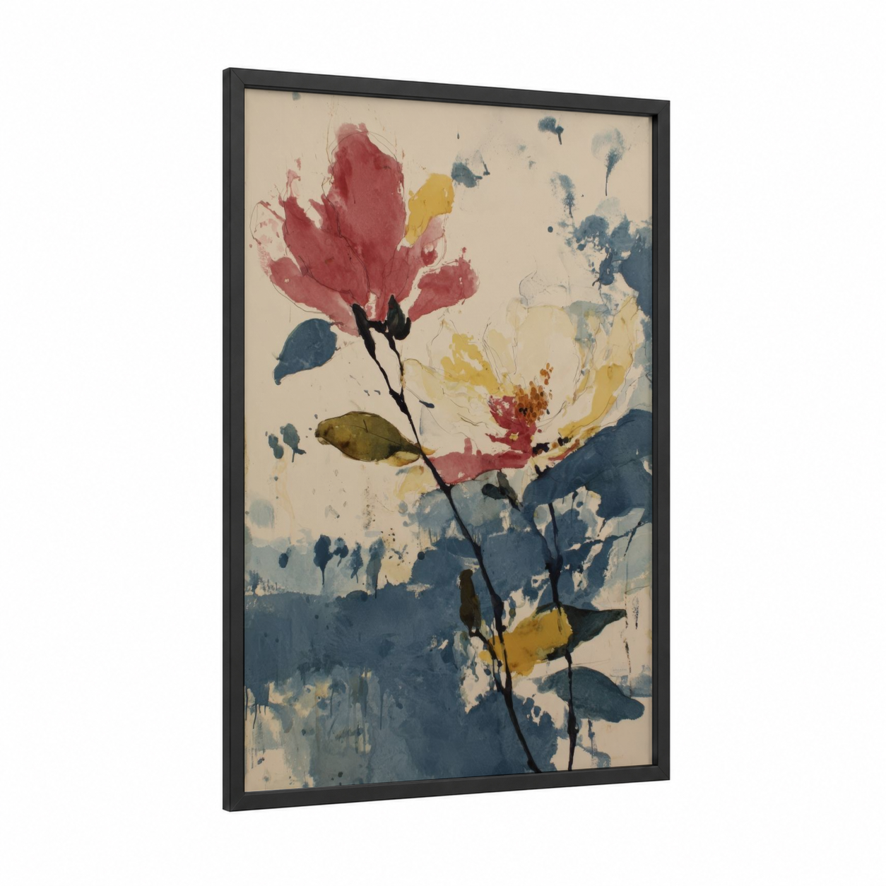 Crimson Magnolia framed art print — black wood frame — cream and blue palette