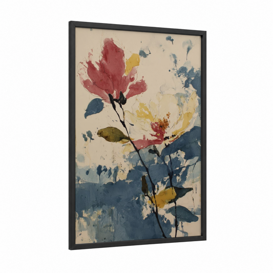 Crimson Magnolia framed art print — black wood frame — cream and blue palette