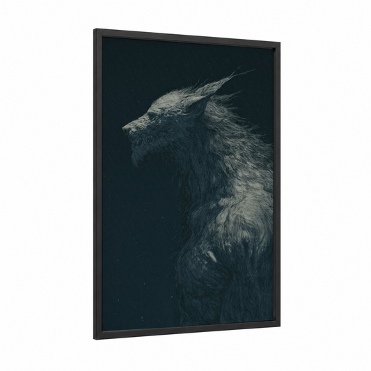 Frostbound Werewolf framed art print — black wood frame — dark blue and black and white palette