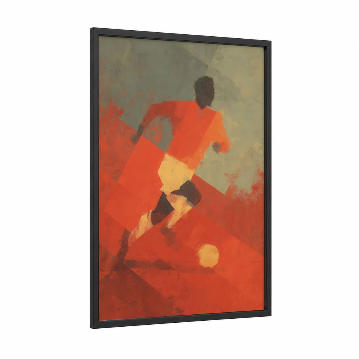 Dynamic Soccer Player framed art print — black wood frame — red and yellow gold palette