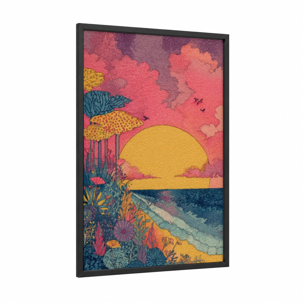 Crimson Sunset Beach framed beach sunrise and sunsets print — black wood frame — salmon pink and yellow gold palette