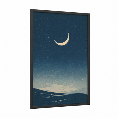 Crescent Night Sky framed space print — black wood frame — dark blue and cream palette