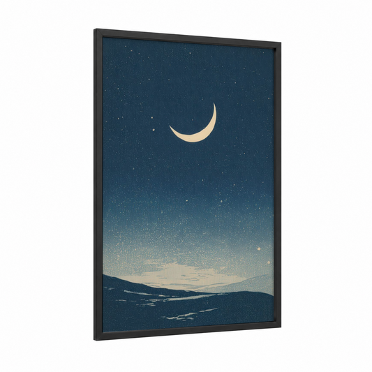 Crescent Night Sky framed space print — black wood frame — dark blue and cream palette