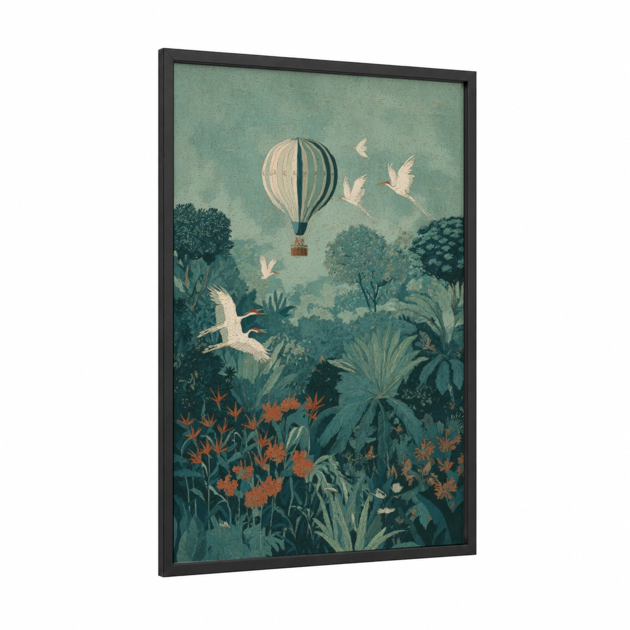 Botanical Escape framed hot air baloon print — black wood frame — sage green and teal palette