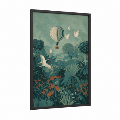 Botanical Escape framed hot air baloon print — black wood frame — sage green and teal palette