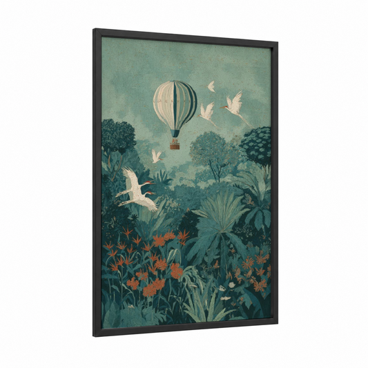 Botanical Escape framed hot air baloon print — black wood frame — sage green and teal palette