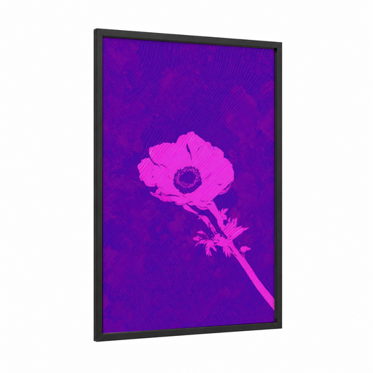 Neon Poppy framed abstract flower print — black wood frame — magenta and purple palette