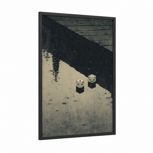 Rainy Dice framed art print — black wood frame — black and white and gray palette