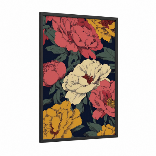 Jewel Tone Peonies framed peony print — black wood frame — gold and maroon palette