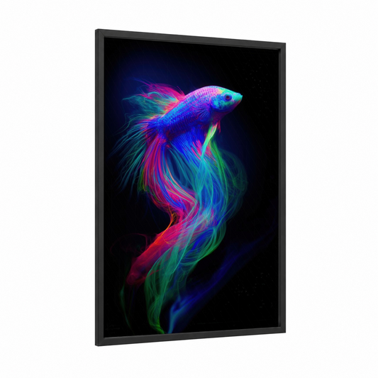 Neon Betta Fish framed fighting fish print — black wood frame — blue and magenta palette