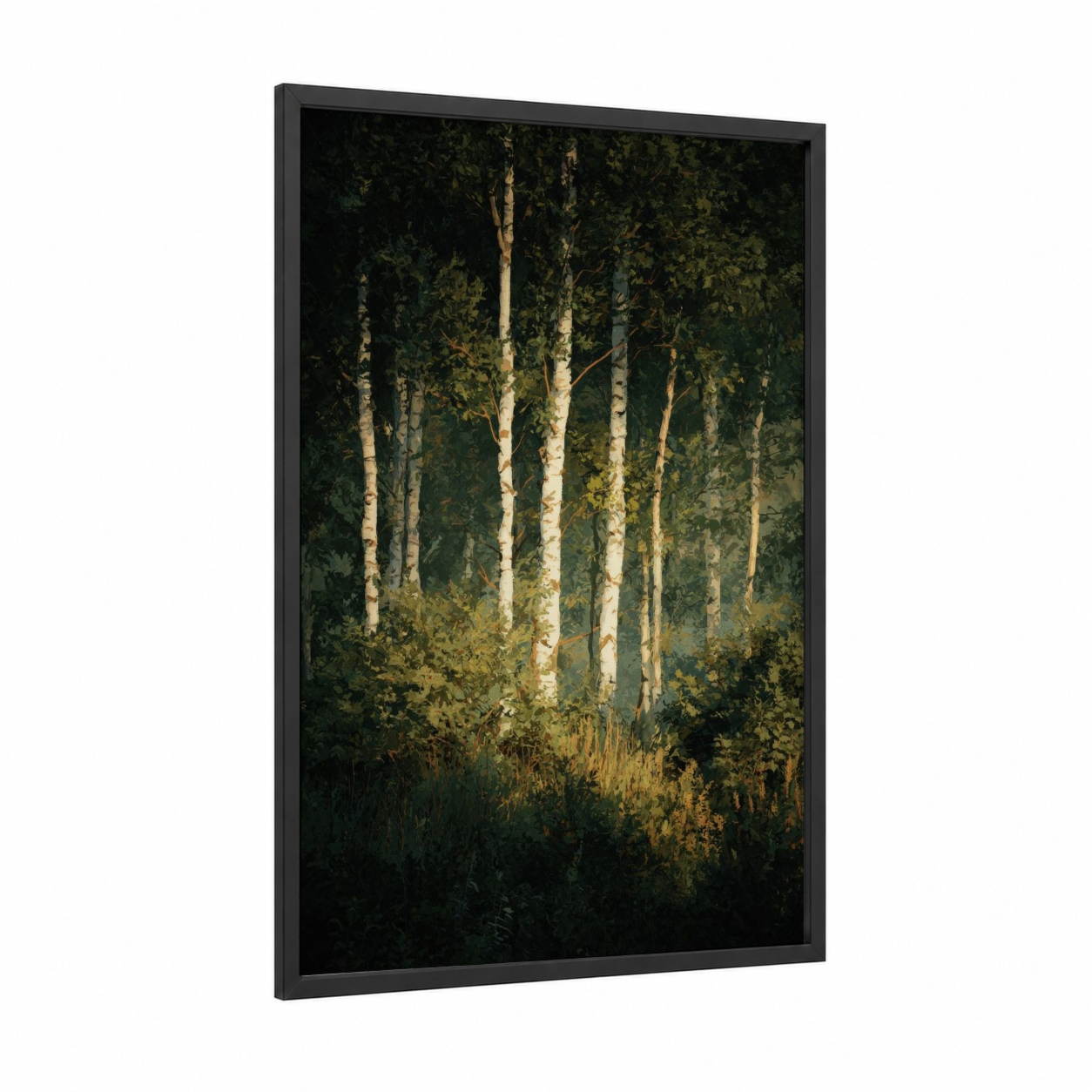 Golden Birch Forest framed art print — black wood frame — dark green and gold palette