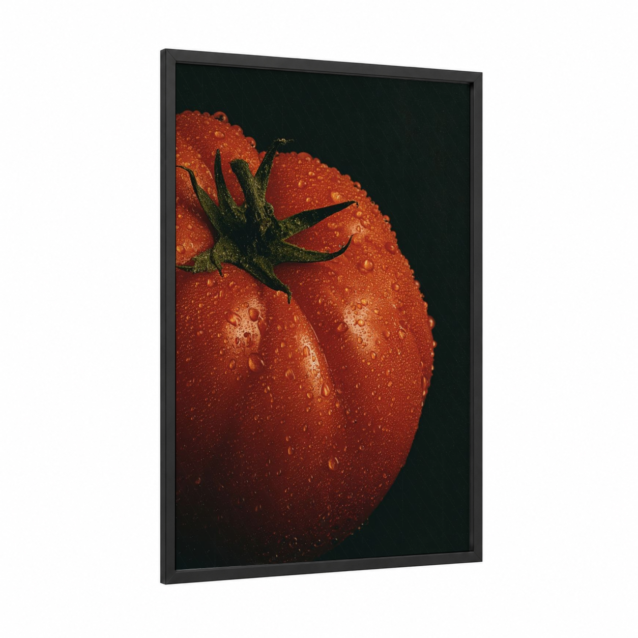 Dewy Tomato framed vegetable print — black wood frame — red and dark green palette
