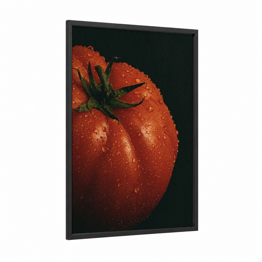Dewy Tomato framed vegetable print — black wood frame — red and dark green palette