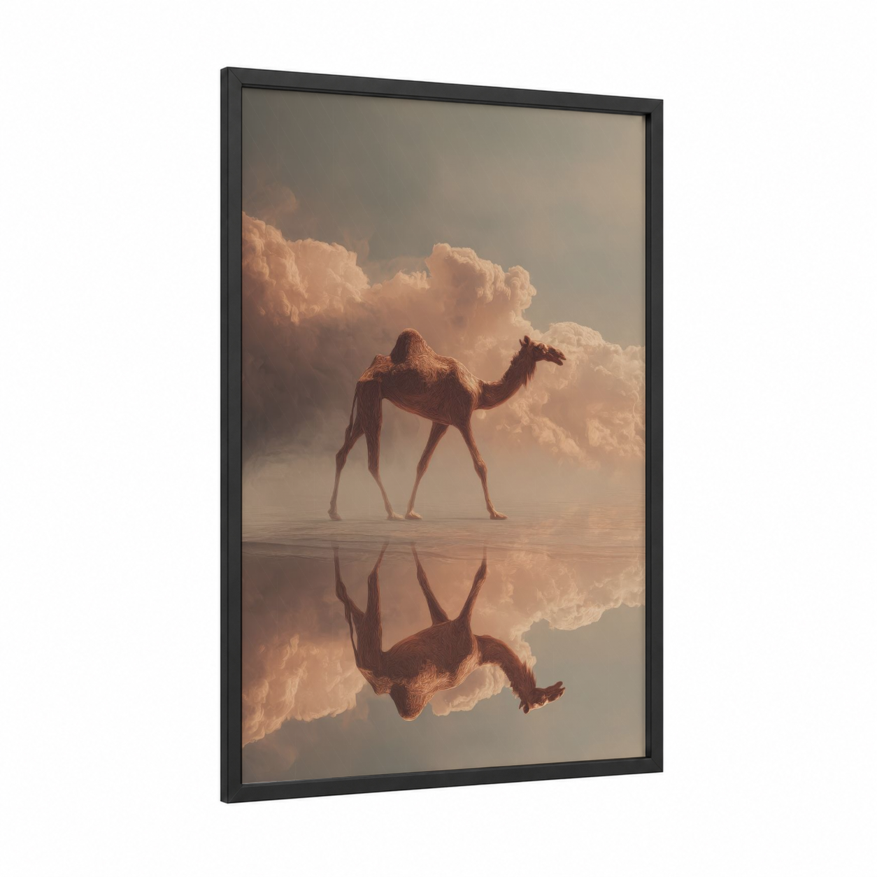 Desert Mirage Camel framed art print — black wood frame — gold and peach palette