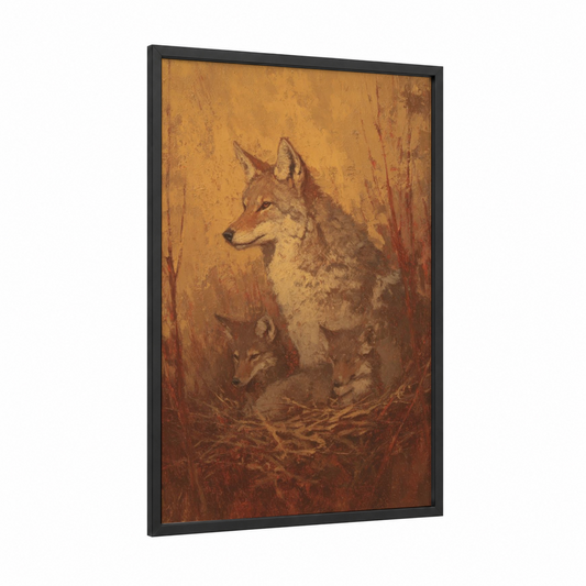 Desert Coyote framed art print — black wood frame — gold and russet palette