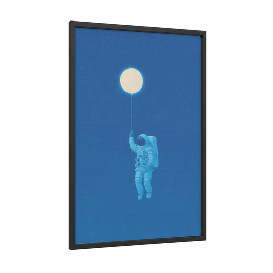Lunar Astronaut framed art for boy print — black wood frame — blue and white palette