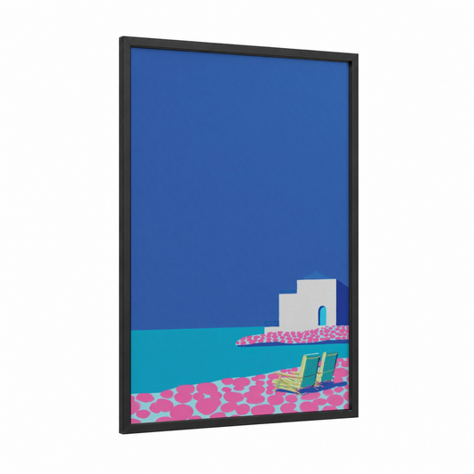 Seaside Modern Getaway framed beach town print — black wood frame — blue and magenta palette