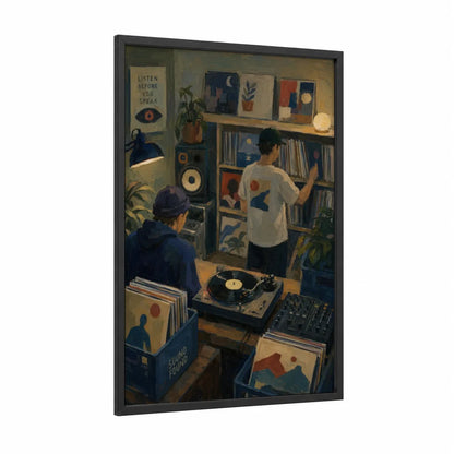 Vinyl Record Collection Music Wall Art framed vinyl records print — black wood frame — brown and blue palette