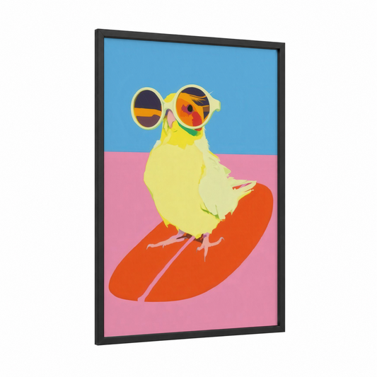 Surfing Cockatiel framed art print — black wood frame — yellow and pink palette