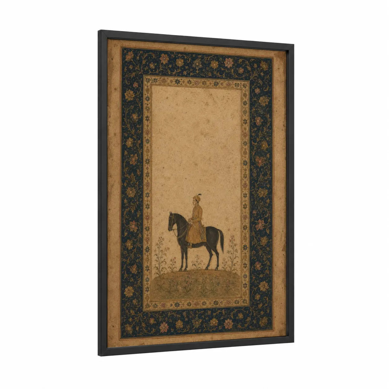 Persian Horseback Rider Miniature Wall Art framed art print — black wood frame — gold and beige palette