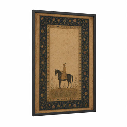 Persian Horseback Rider Miniature Wall Art framed art print — black wood frame — gold and beige palette