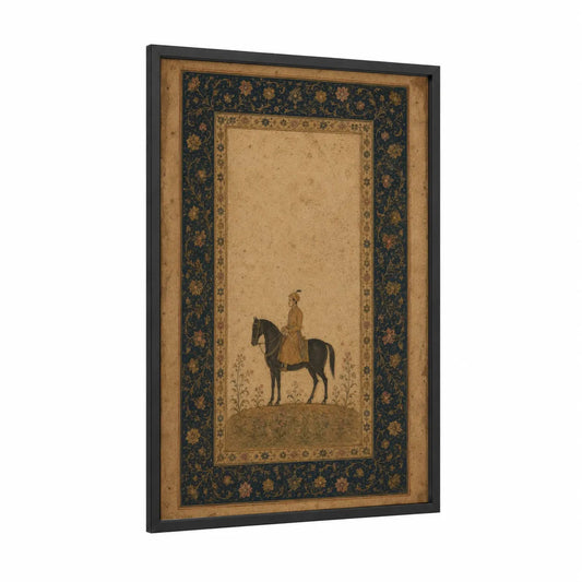 Persian Horseback Rider Miniature Wall Art framed art print — black wood frame — gold and beige palette