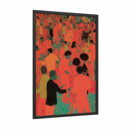 Vibrant Funk Crowd framed art print — black wood frame — red and teal palette