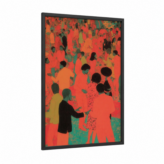 Vibrant Funk Crowd framed art print — black wood frame — red and teal palette