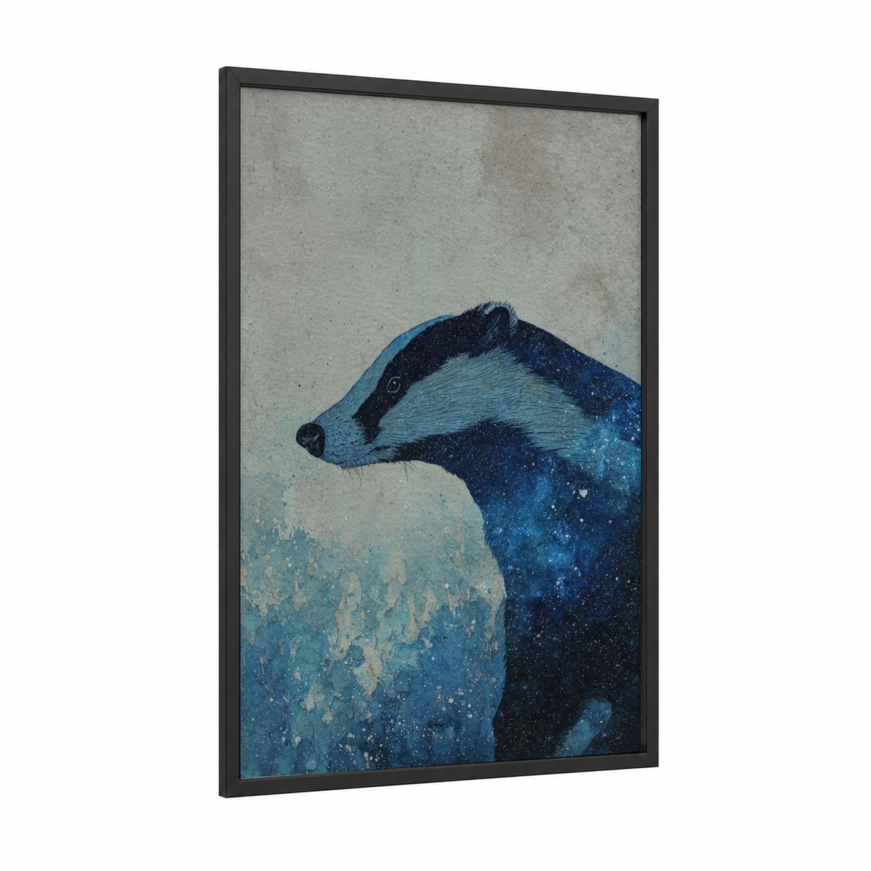 Cosmic Badger framed art print — black wood frame — dark blue and blue and white palette