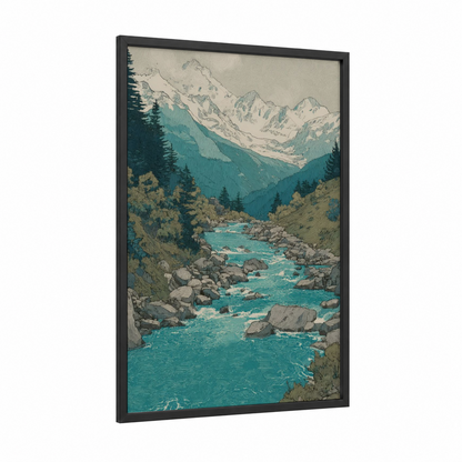 Alpine River Valley framed rivers print — black wood frame — teal and cream palette