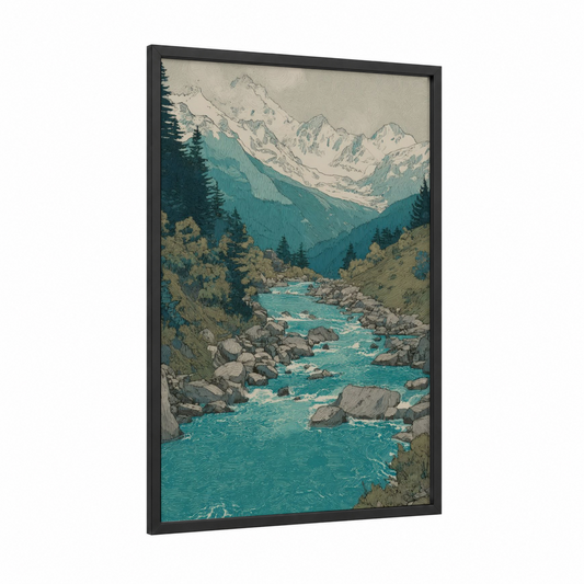 Alpine River Valley framed rivers print — black wood frame — teal and cream palette