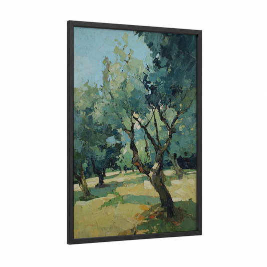 Sunlit Olive Grove framed olive tree print — black wood frame — light green and gold palette