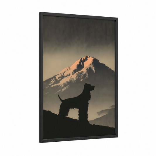 Mountain Spaniel framed art print — black wood frame — gold and gray palette