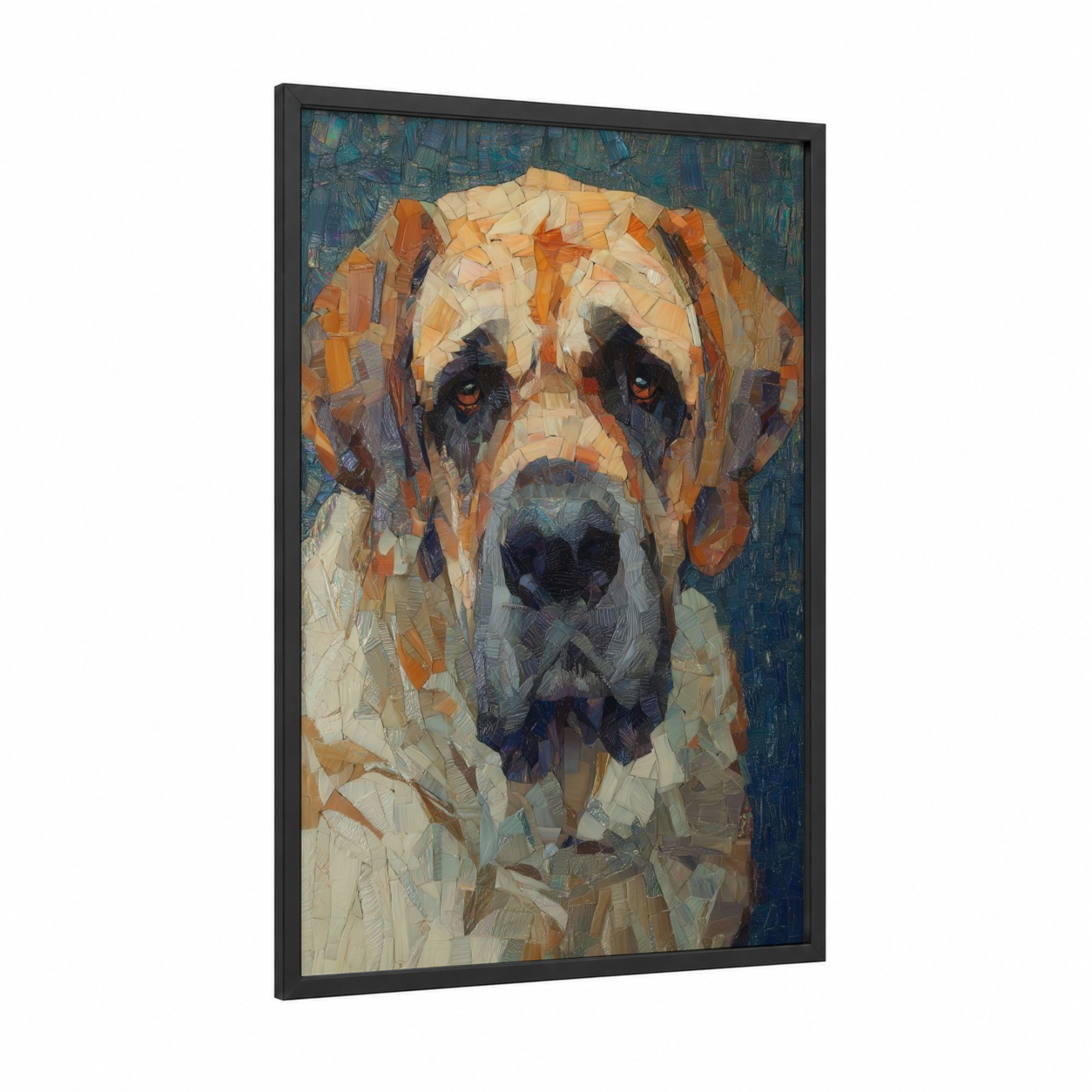 Golden Mastiff Portrait framed art print — black wood frame — gold and teal palette