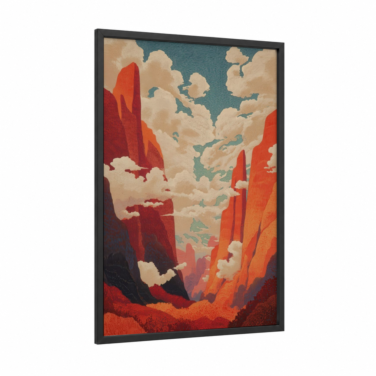 Desert Canyon Dawn framed art print — black wood frame — russet and teal palette